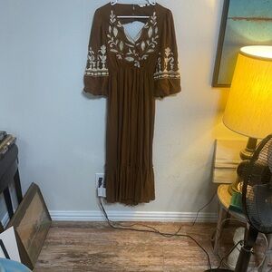 Let Me Be an Anthropology Brand Bohemian Brown Embroidered Maxi Dress